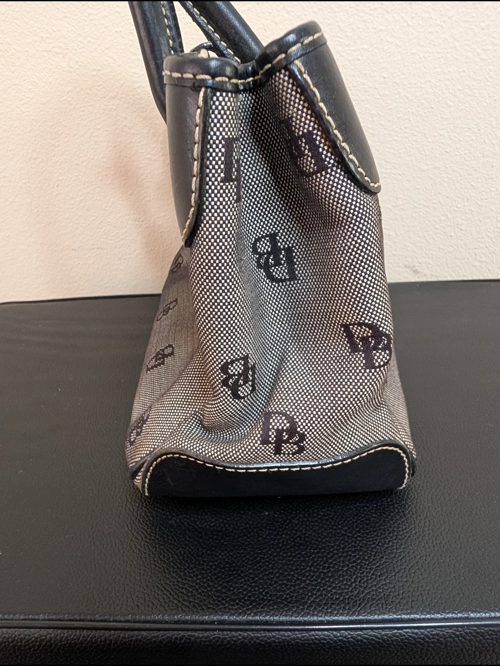 Dooney and Bourke Vintage DB Signature Tote Black Grey Push Lock Handbag